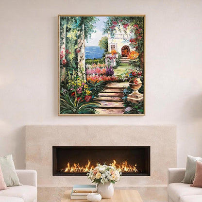 Romantic Garden Oil Painting Original Hand-Painted Artwork of Tuscany Mediterranean Garden Wall Art, Italian Villa Painting