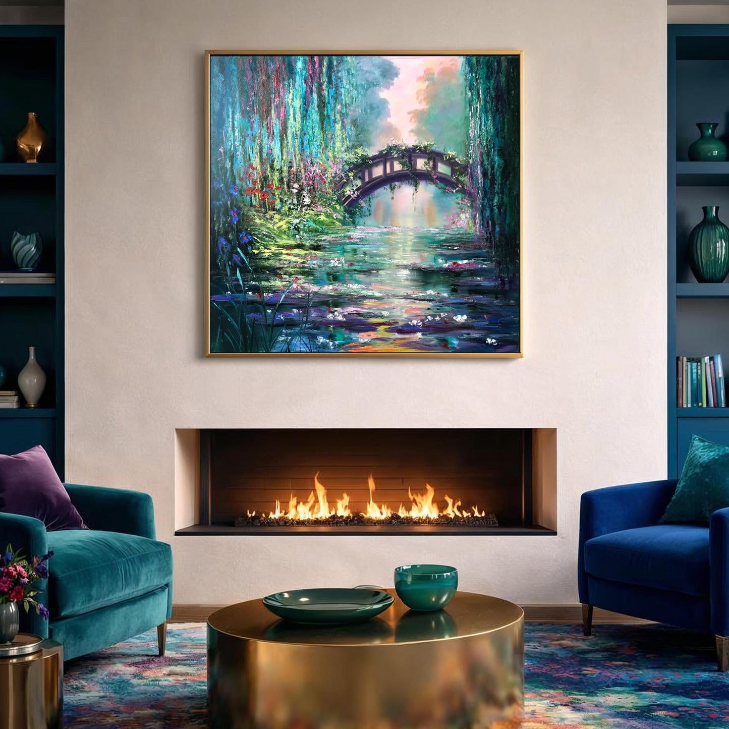Claude Monet Water Lilies Oil Painting Impressionist Artist Blue and Green Nature Painting, Japanese Bridge Art, Water Lily Pond Artwork