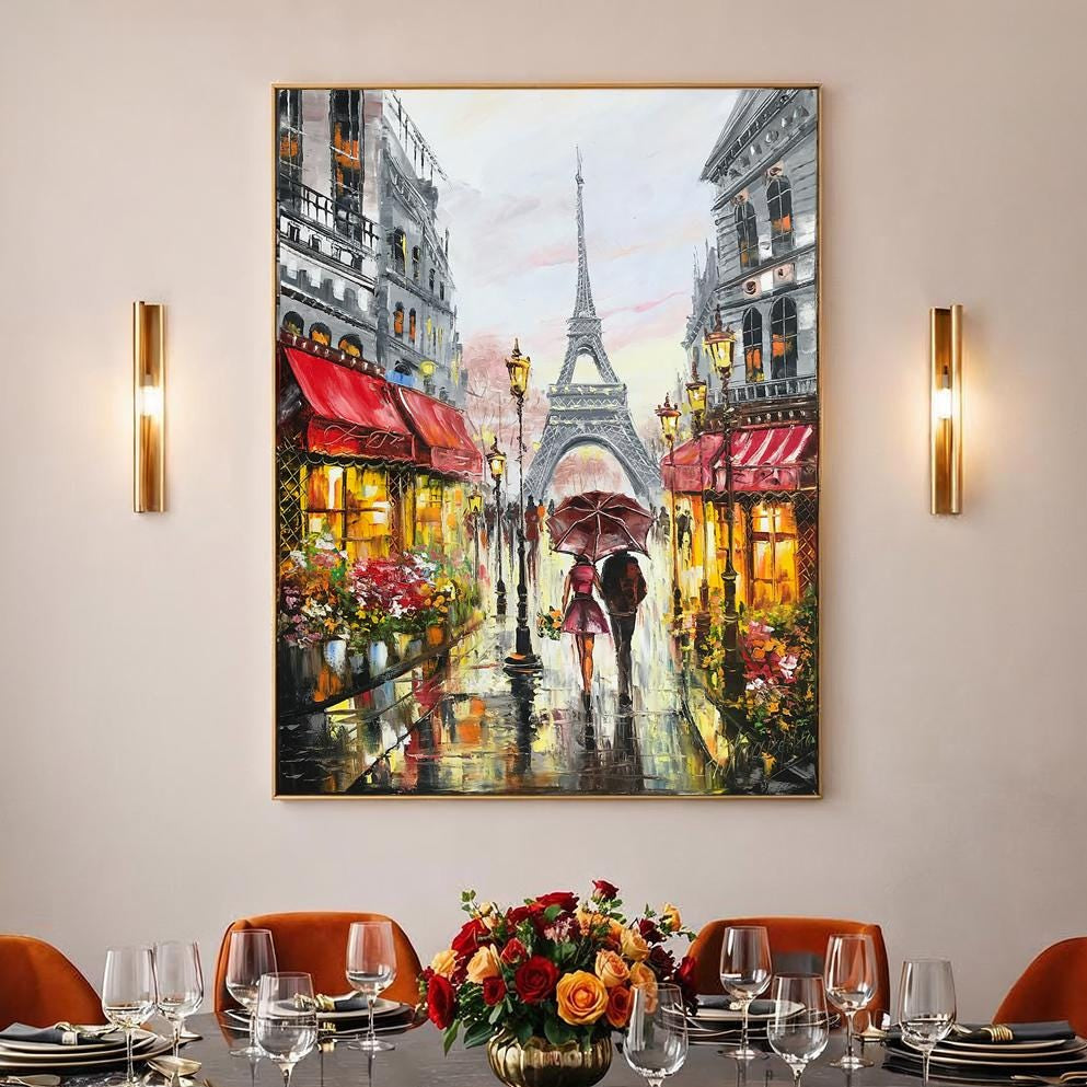 Couple Walking in Paris Oil Painting Original Rainy Day in Paris Street Scene Art Couple Under Red Umbrella Painting on Canvas
