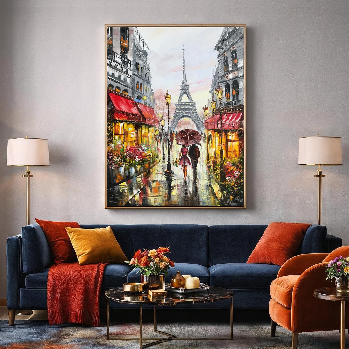 Couple Walking in Paris Oil Painting Original Rainy Day in Paris Street Scene Art Couple Under Red Umbrella Painting on Canvas