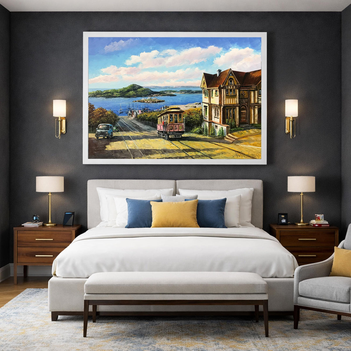 San Francisco Cable Car Oil Painting Original | Victorian House and Bay View Wall Art | California Cityscape Artwork