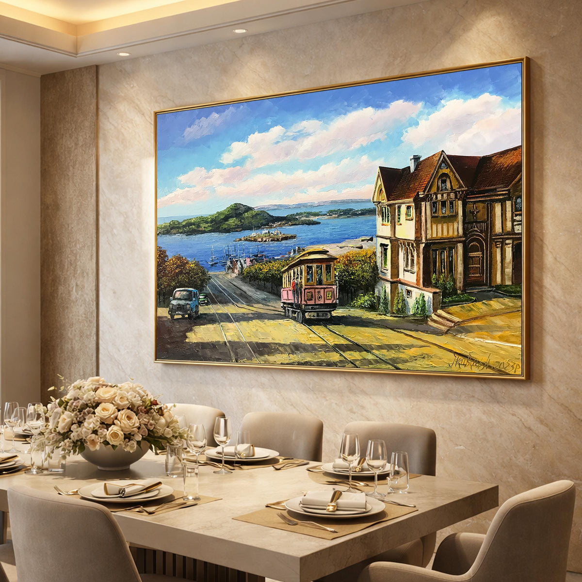 San Francisco Cable Car Oil Painting Original | Victorian House and Bay View Wall Art | California Cityscape Artwork