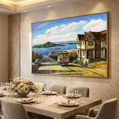 San Francisco Cable Car Oil Painting Original | Victorian House and Bay View Wall Art | California Cityscape Artwork