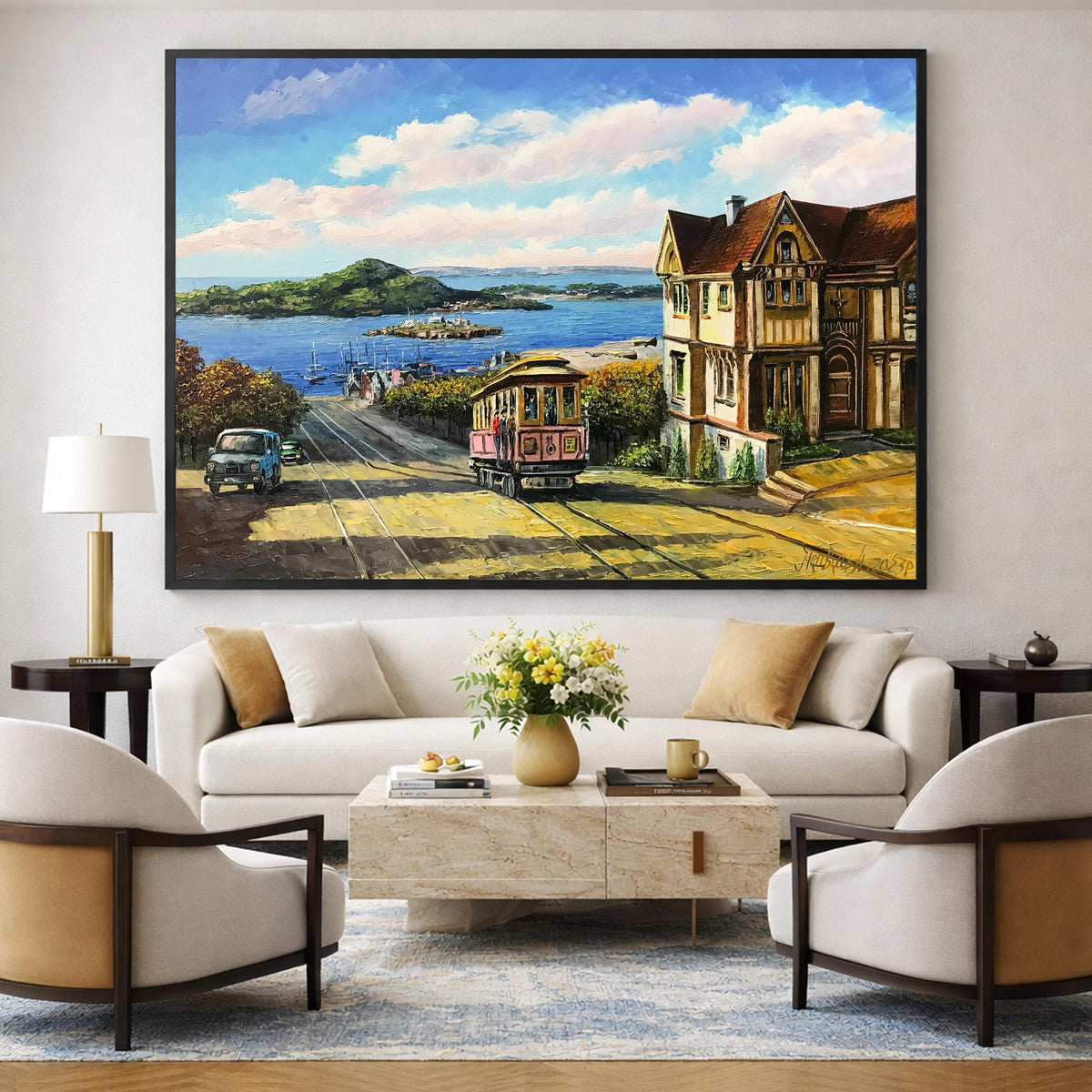 San Francisco Cable Car Oil Painting Original | Victorian House and Bay View Wall Art | California Cityscape Artwork