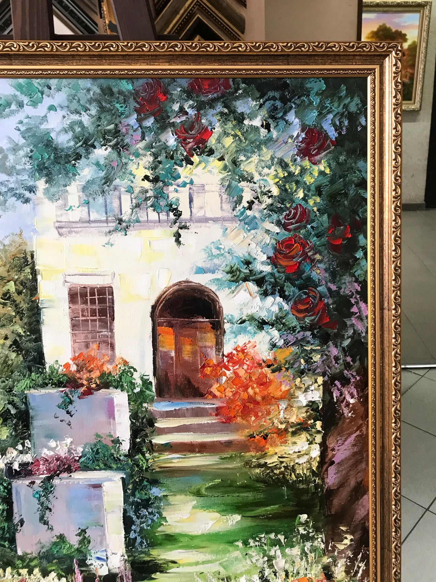 Romantic Garden Oil Painting Original Hand-Painted Artwork of Tuscany Mediterranean Garden Wall Art, Italian Villa Painting