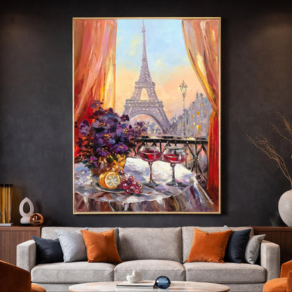 Paris Night Cafe Oil Painting Original Romantic Art Work, Diner Painting, Large Eiffel Tower Wall Art, Cafe Terrace