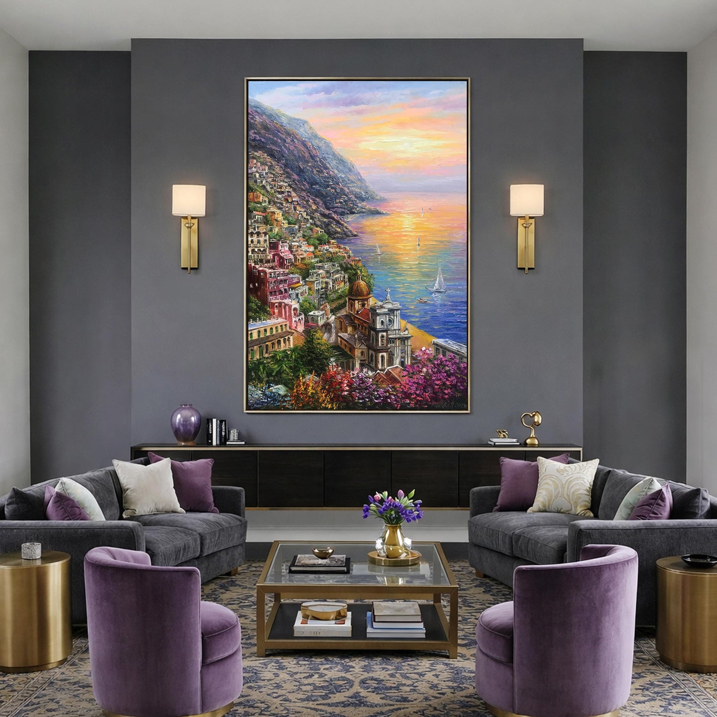 Positano Amalfi Coast Oil Painting Original, Famous Painting Italy Wall Art, Most Beautiful Coastal Italian Towns Painting