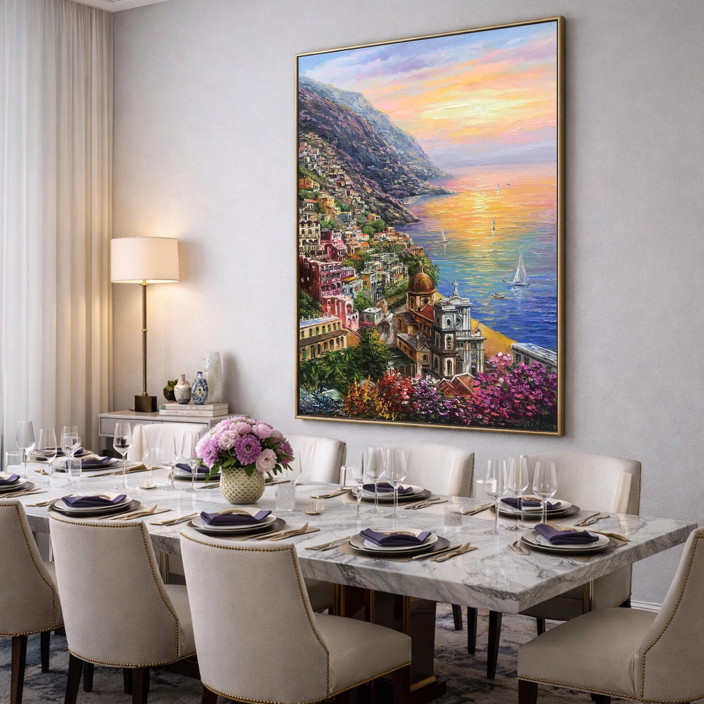 Positano Amalfi Coast Oil Painting Original, Famous Painting Italy Wall Art, Most Beautiful Coastal Italian Towns Painting