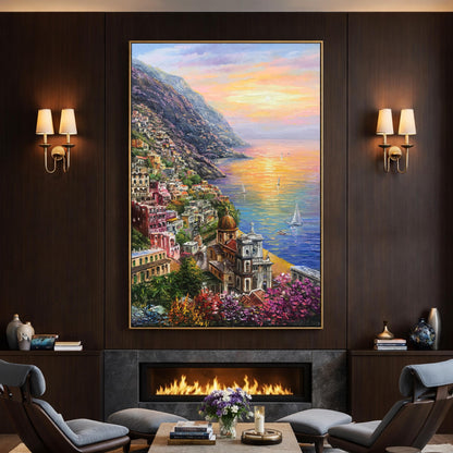 Positano Amalfi Coast Oil Painting Original, Famous Painting Italy Wall Art, Most Beautiful Coastal Italian Towns Painting