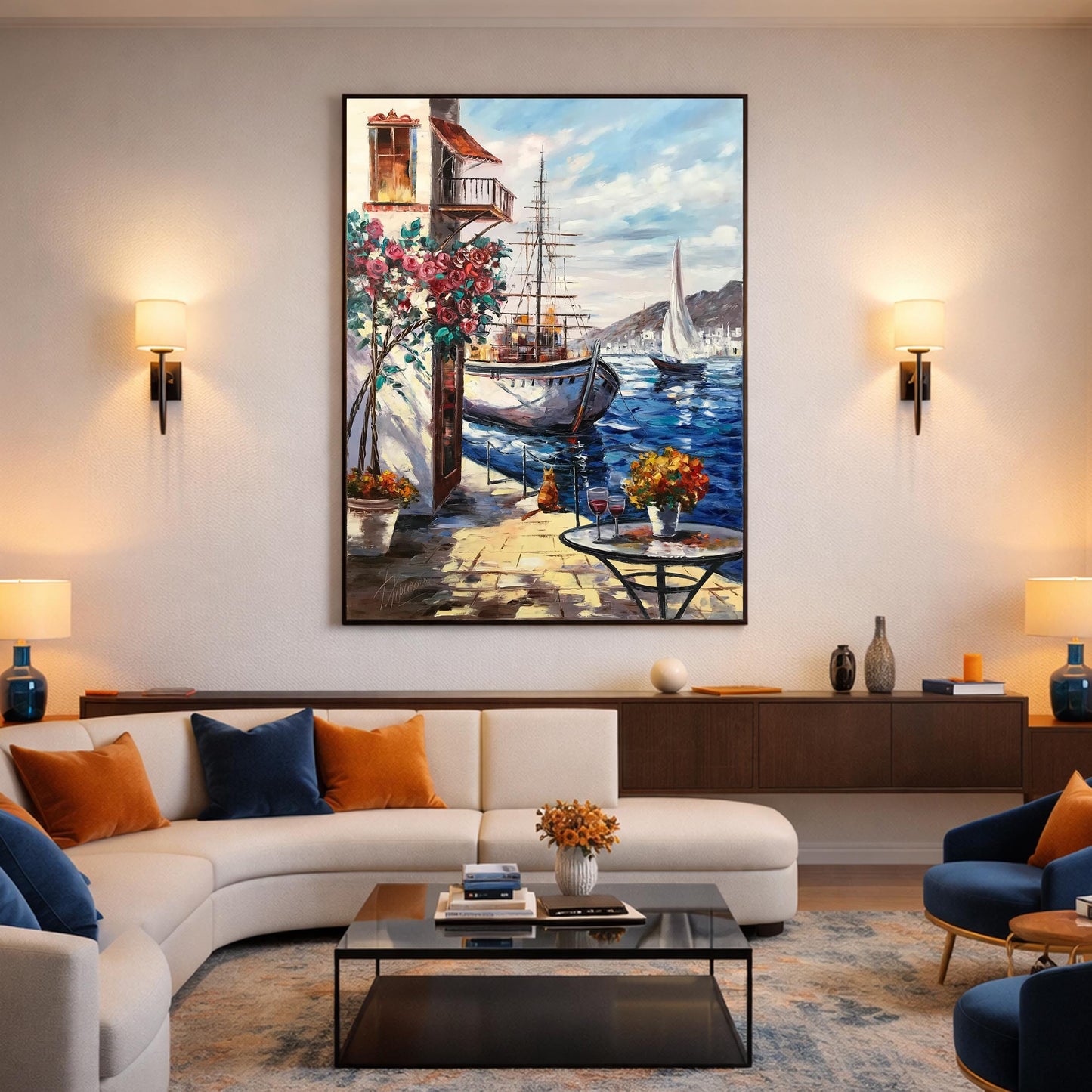 Mediterranean Cafe Oil Painting on Canvas, Extra Large Seascape Canvas Wall Art, Greece artwork