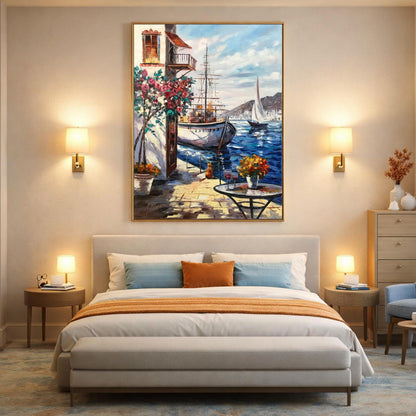 Mediterranean Cafe Oil Painting on Canvas, Extra Large Seascape Canvas Wall Art, Greece artwork