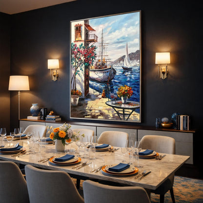 Mediterranean Cafe Oil Painting on Canvas, Extra Large Seascape Canvas Wall Art, Greece artwork