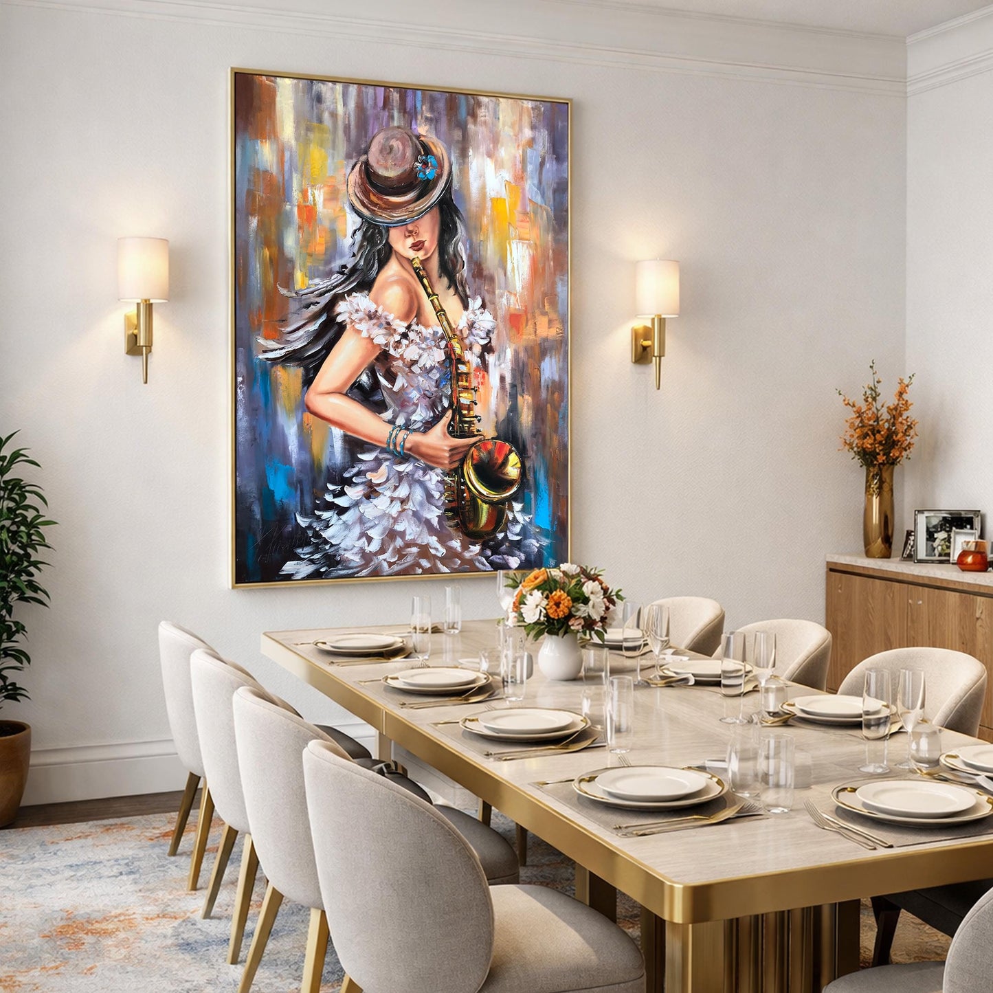 Woman Playing Saxophone Painting | Female Musician Jazz Wall Art | Original Abstract Saxophonist Oil Painting Decor