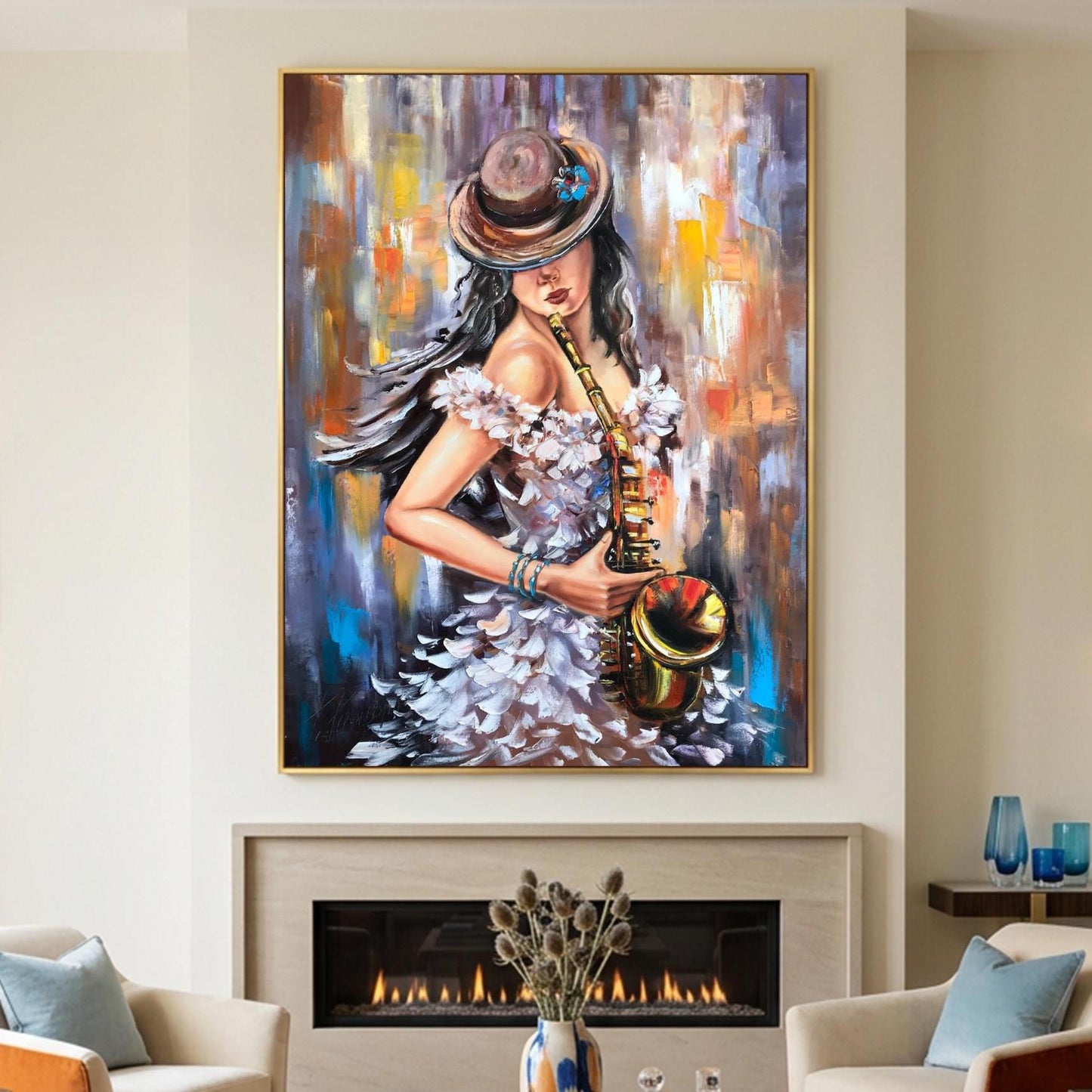 Woman Playing Saxophone Painting | Female Musician Jazz Wall Art | Original Abstract Saxophonist Oil Painting Decor