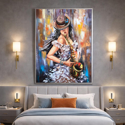 Woman Playing Saxophone Painting | Female Musician Jazz Wall Art | Original Abstract Saxophonist Oil Painting Decor