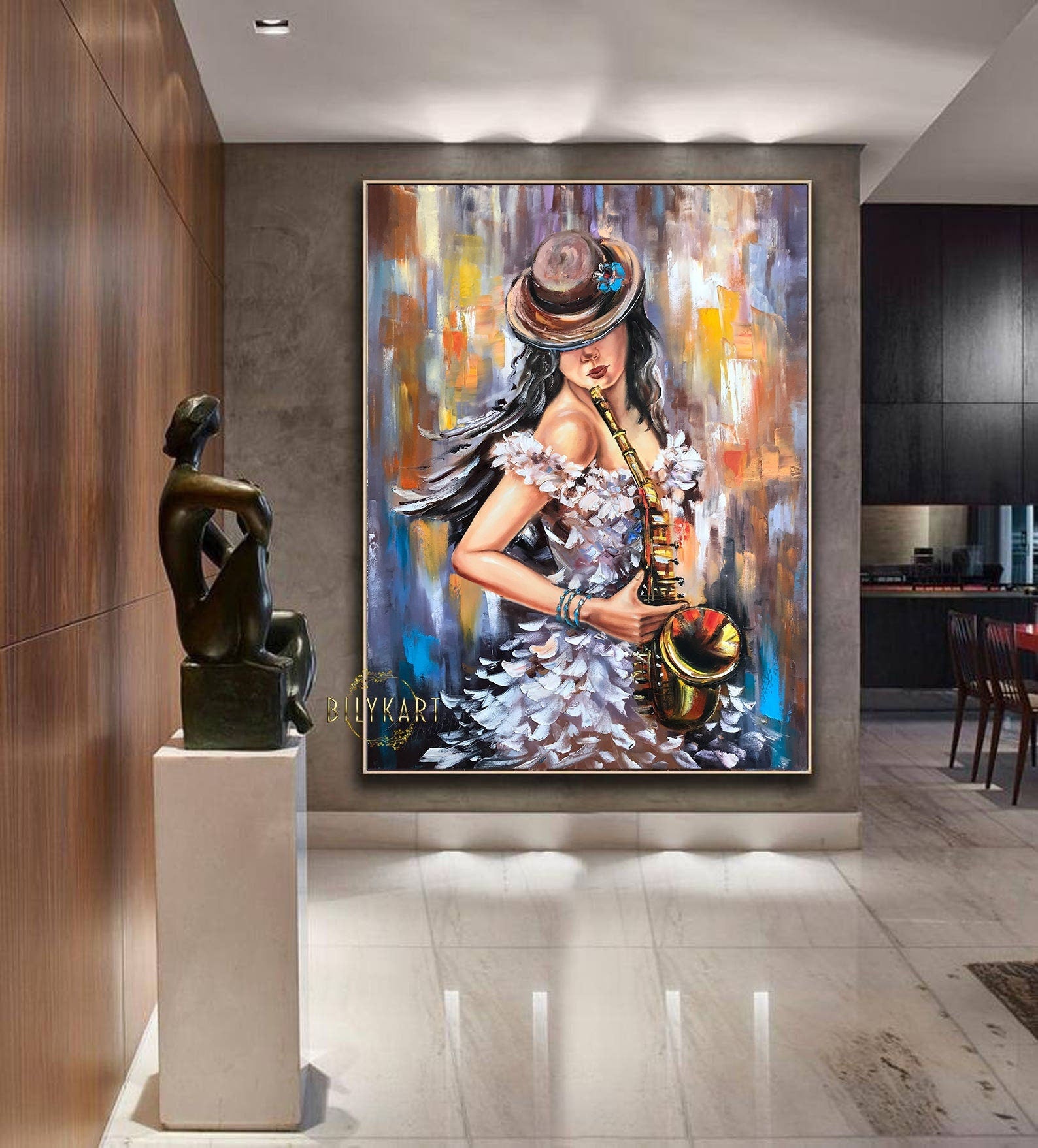 May include: A colorful abstract painting of a woman playing a saxophone. She is wearing a white dress and a brown hat with a blue flower. The background is a mix of yellow, orange, and blue.