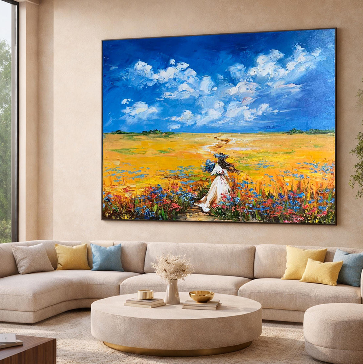 Ukrainian Woman in Flower Field Oil Painting on Canvas | Ukraine Blue & Yellow Wall Art | Ukrainian Folk Art Countryside Landscape Artwork