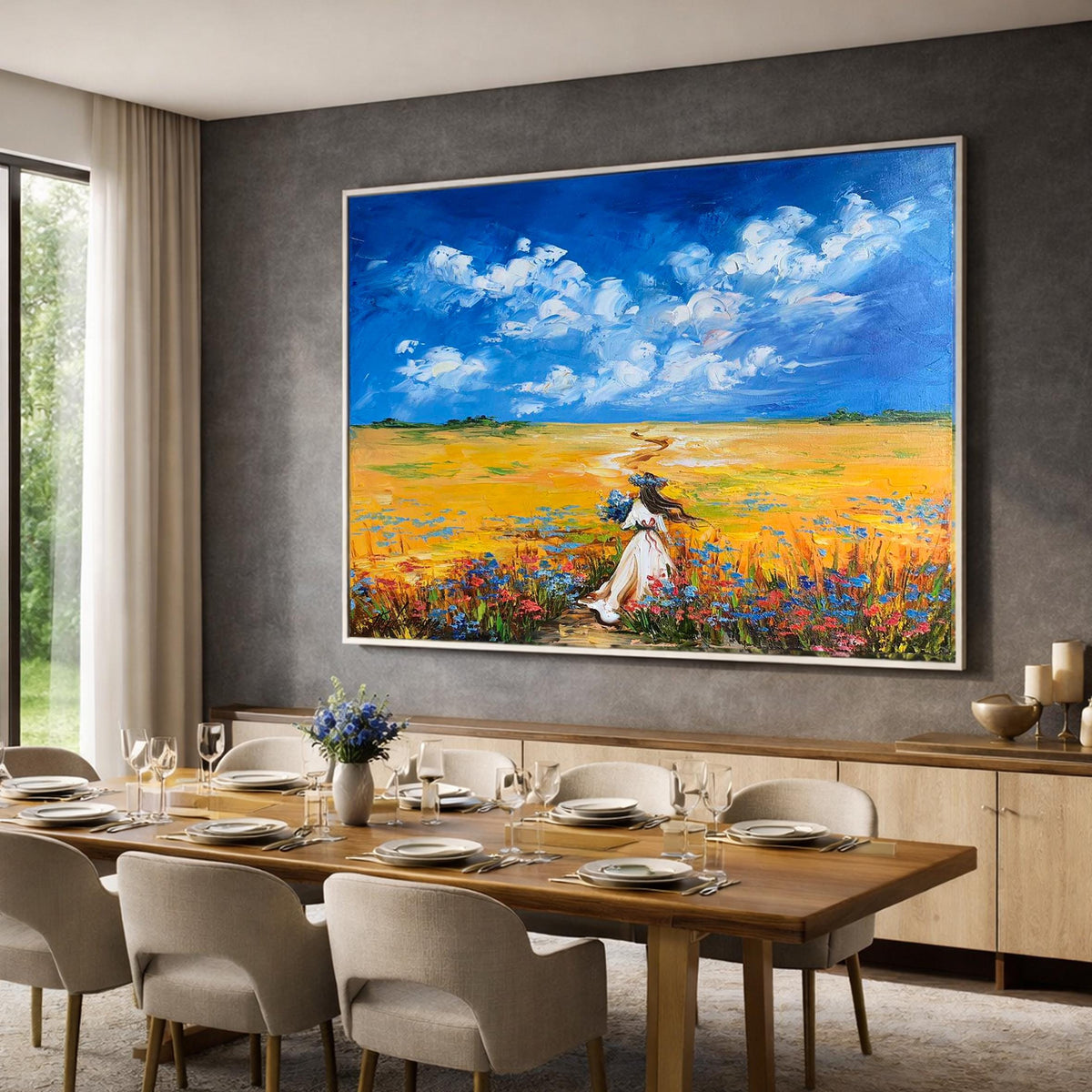 Ukrainian Woman in Flower Field Oil Painting on Canvas | Ukraine Blue & Yellow Wall Art | Ukrainian Folk Art Countryside Landscape Artwork