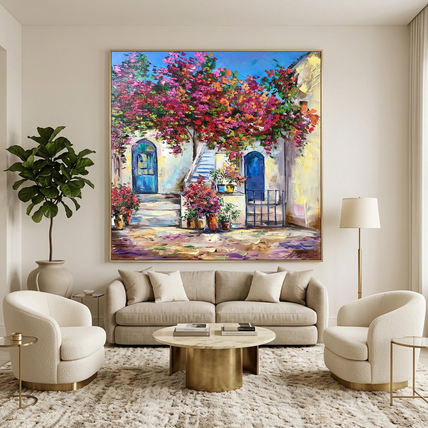 Santorini Blue Door Oil Painting | Famous Greek House Wall Art | Window with Bougainvillea Painting | Original Greece Artwork