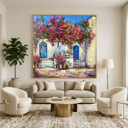Santorini Blue Door Oil Painting | Famous Greek House Wall Art | Window with Bougainvillea Painting | Original Greece Artwork