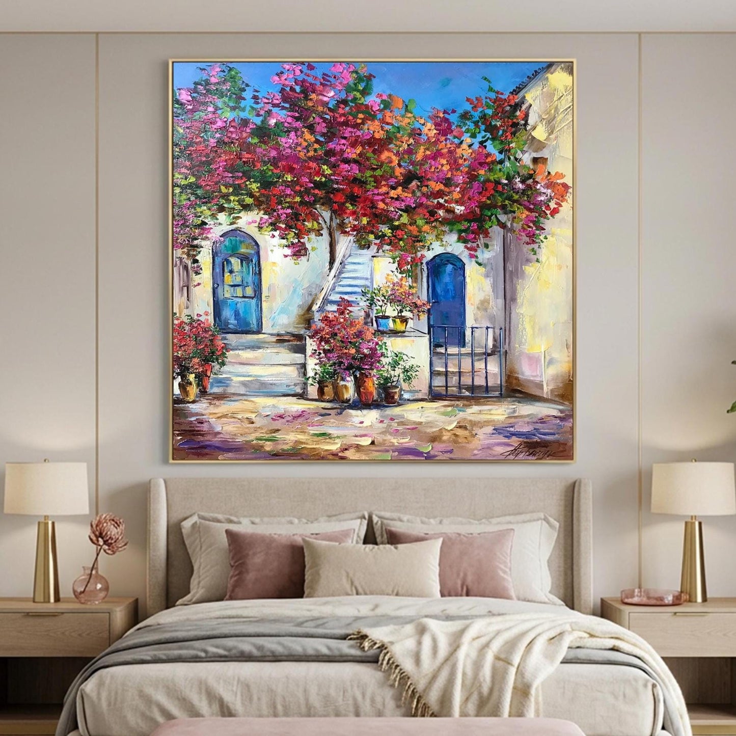 Santorini Blue Door Oil Painting | Famous Greek House Wall Art | Window with Bougainvillea Painting | Original Greece Artwork