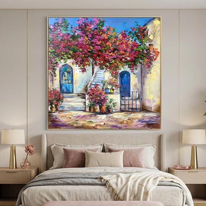 Santorini Blue Door Oil Painting | Famous Greek House Wall Art | Window with Bougainvillea Painting | Original Greece Artwork