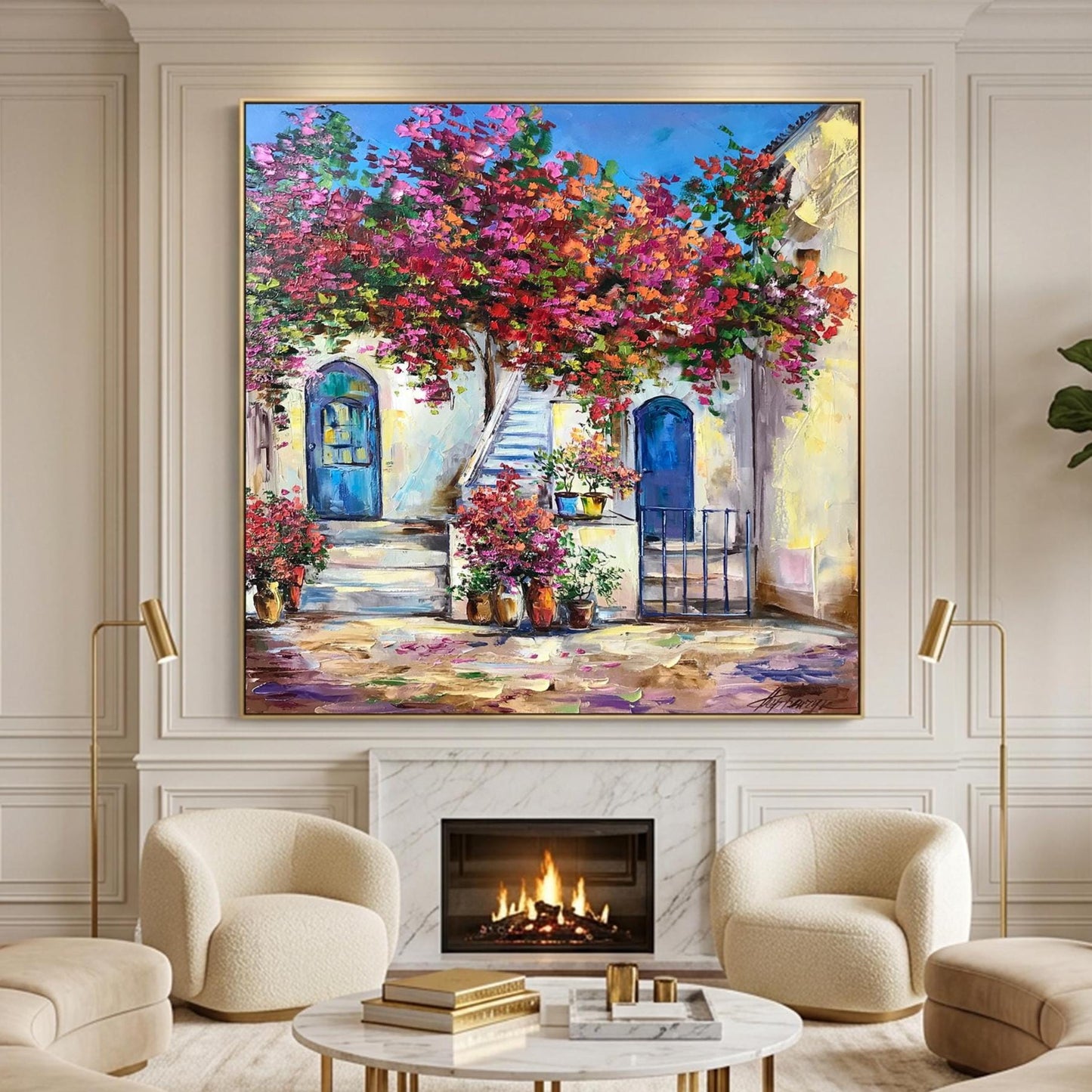 Santorini Blue Door Oil Painting | Famous Greek House Wall Art | Window with Bougainvillea Painting | Original Greece Artwork