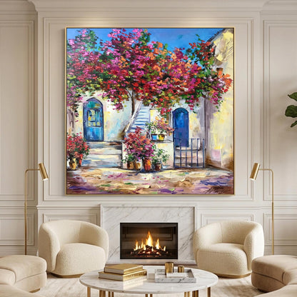 Santorini Blue Door Oil Painting | Famous Greek House Wall Art | Window with Bougainvillea Painting | Original Greece Artwork