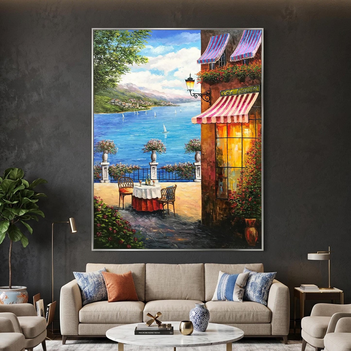 Italy Cafe Painting Original, Amalfi Coast Wall Art, Mediterranean Scenery Oil painting, Sorrento Italy Artwork