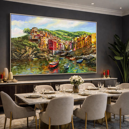 Riomaggiore Cinque Terre Oil Painting Original, Large Colorful Italian Coastal Village Wall Art, Hand Painted Italy Coast Artwork