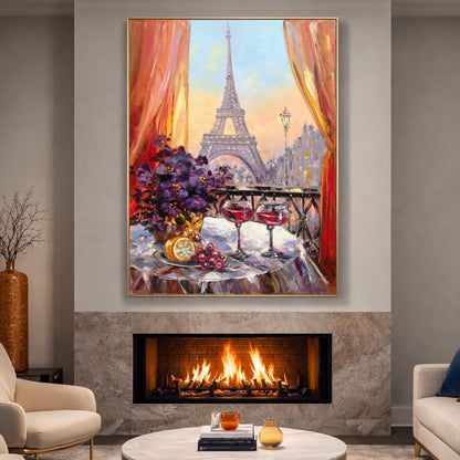 Paris Night Cafe Oil Painting Original Romantic Art Work, Diner Painting, Large Eiffel Tower Wall Art, Cafe Terrace
