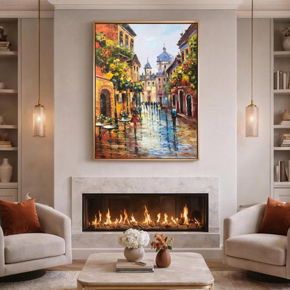 Parisian Street Oil Painting on Canvas | French Cafe Wall Art | Modern European Hand Painted Artwork