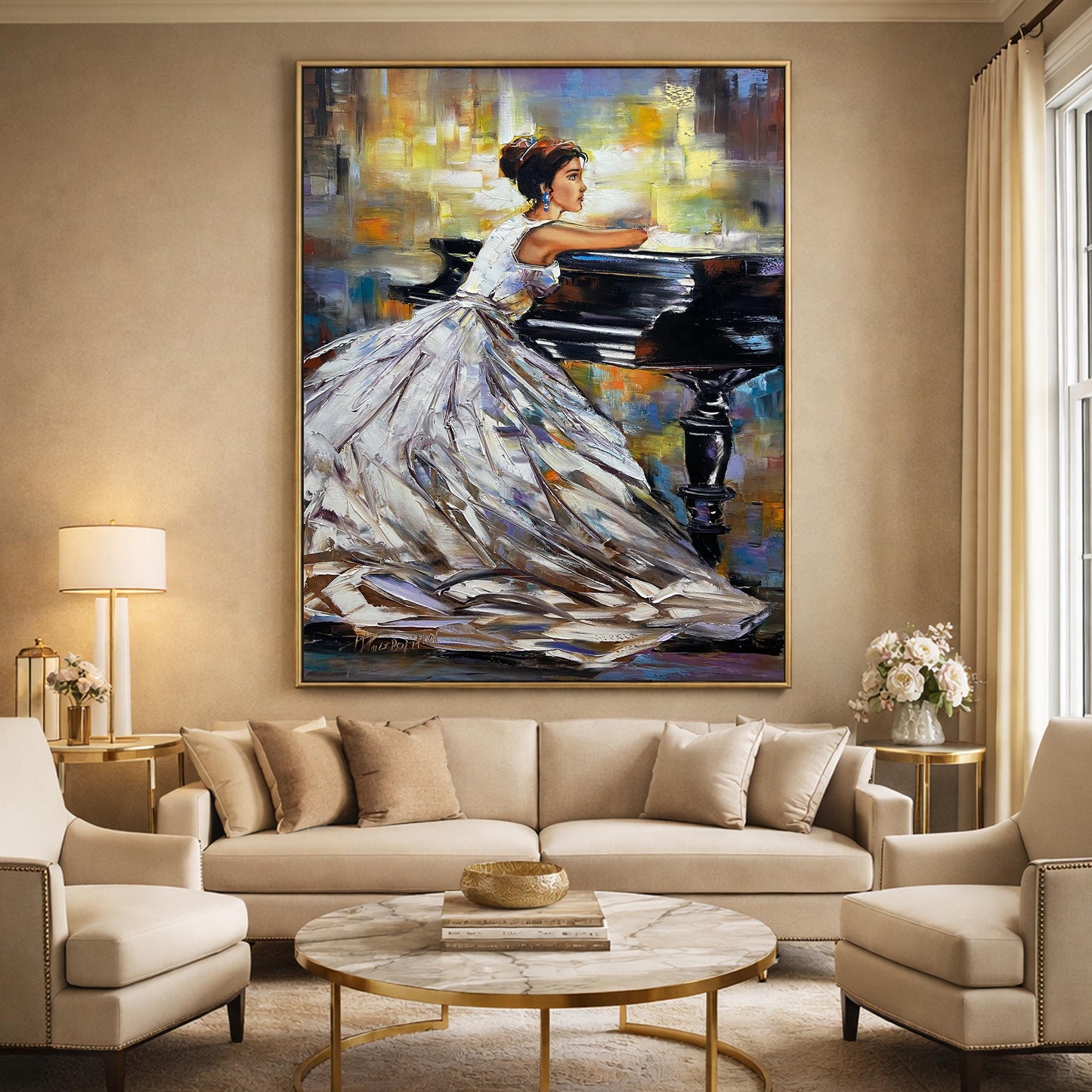 Woman Sitting at Piano Painting | Elegant Pianist Canvas Art Handmade Artwork | Abstract Music Painting Piano Elegant Art