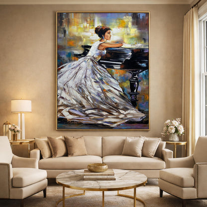 Woman Sitting at Piano Painting | Elegant Pianist Canvas Art Handmade Artwork | Abstract Music Painting Piano Elegant Art