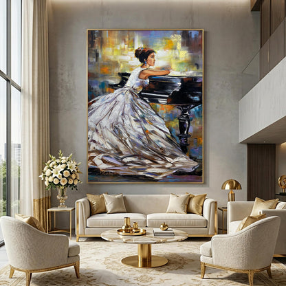 Woman Sitting at Piano Painting | Elegant Pianist Canvas Art Handmade Artwork | Abstract Music Painting Piano Elegant Art