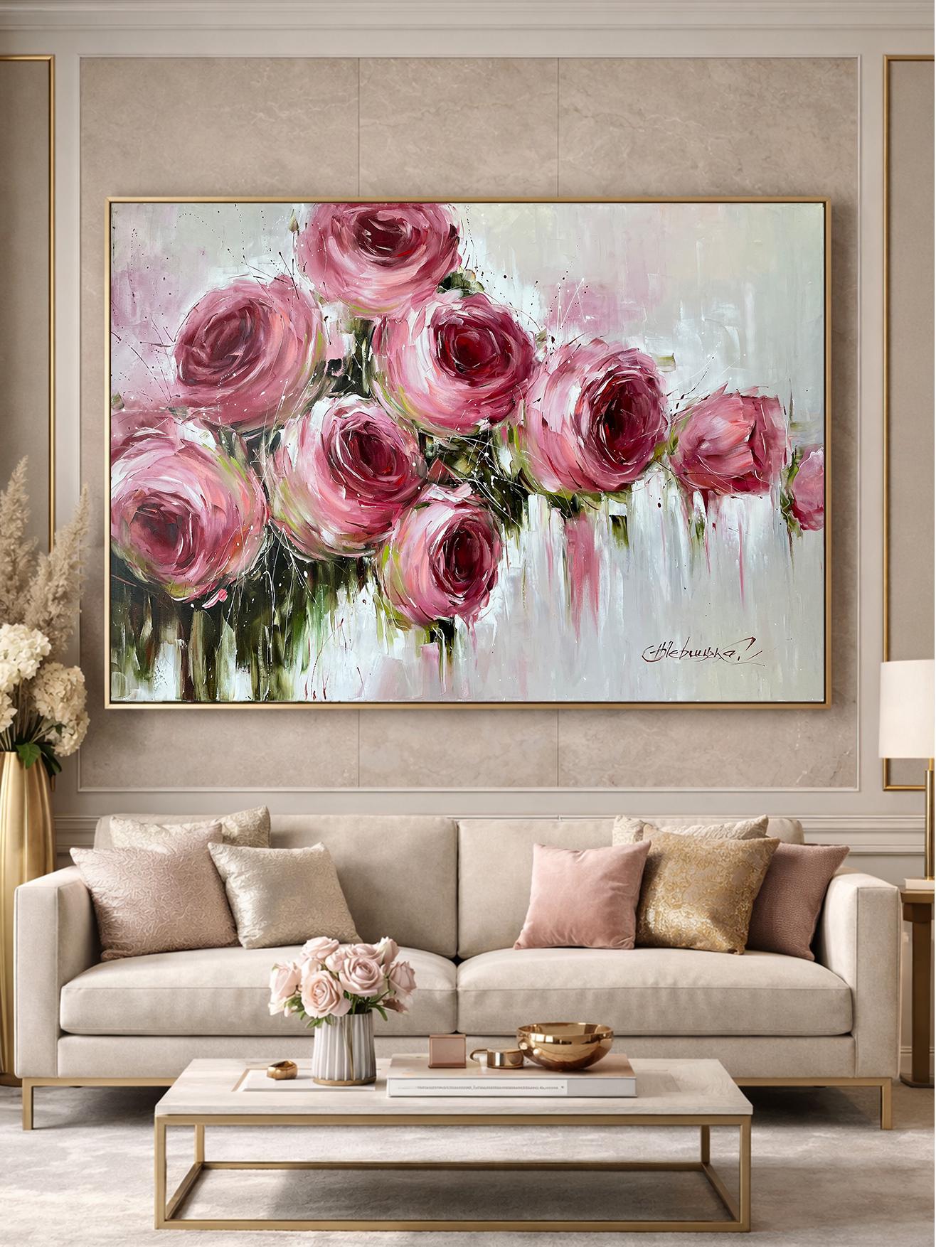 Large Pink Roses Oil Painting Original Hand Painted Rose Flower Canvas Wall Art | Oversized Abstract Romantic Rose Painting 64x48