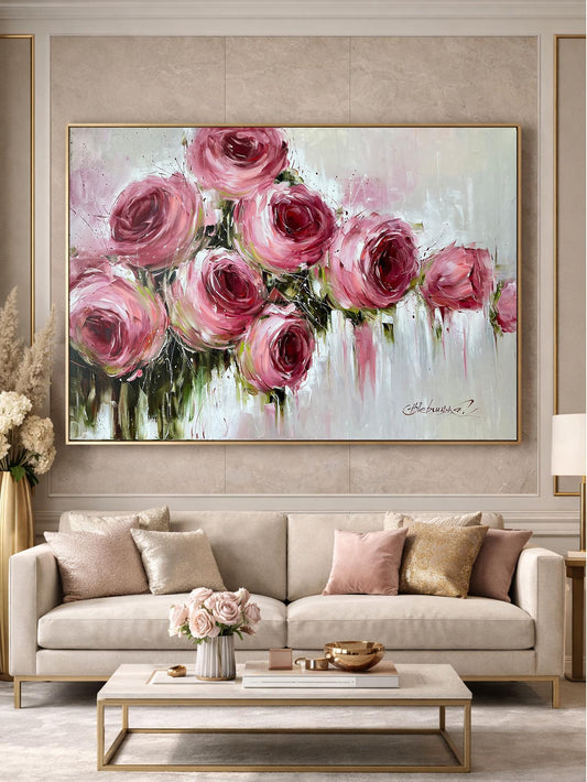 Large Pink Roses Oil Painting Original Hand Painted Rose Flower Canvas Wall Art | Oversized Abstract Romantic Rose Painting 64x48