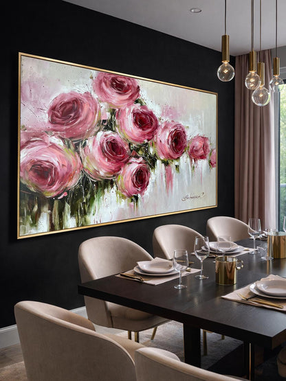 Large Pink Roses Oil Painting Original Hand Painted Rose Flower Canvas Wall Art | Oversized Abstract Romantic Rose Painting 64x48