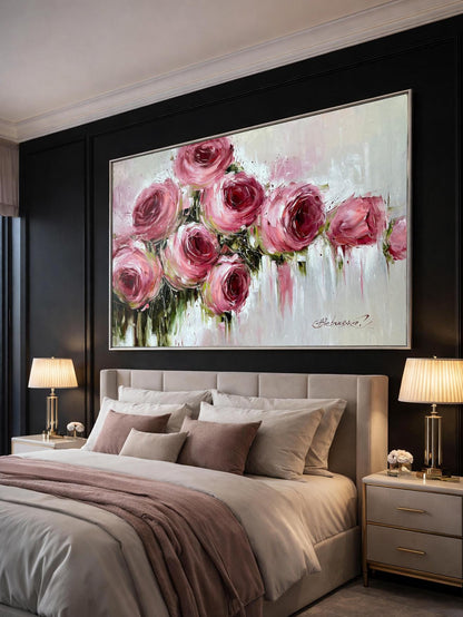 Large Pink Roses Oil Painting Original Hand Painted Rose Flower Canvas Wall Art | Oversized Abstract Romantic Rose Painting 64x48