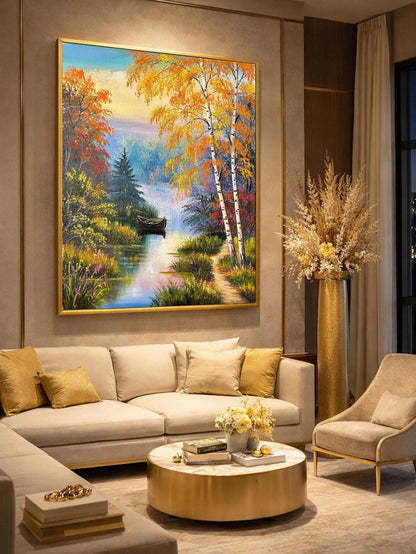 Fall Countryside Oil Painting, Beautiful Scenery Forest Lake Art, Bob Ross Painting Trees on Canvas, Large Autumn Framed Wall Art