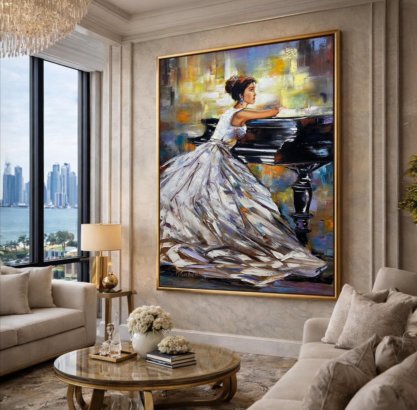 Woman Sitting at Piano Painting | Elegant Pianist Canvas Art Handmade Artwork | Abstract Music Painting Piano Elegant Art