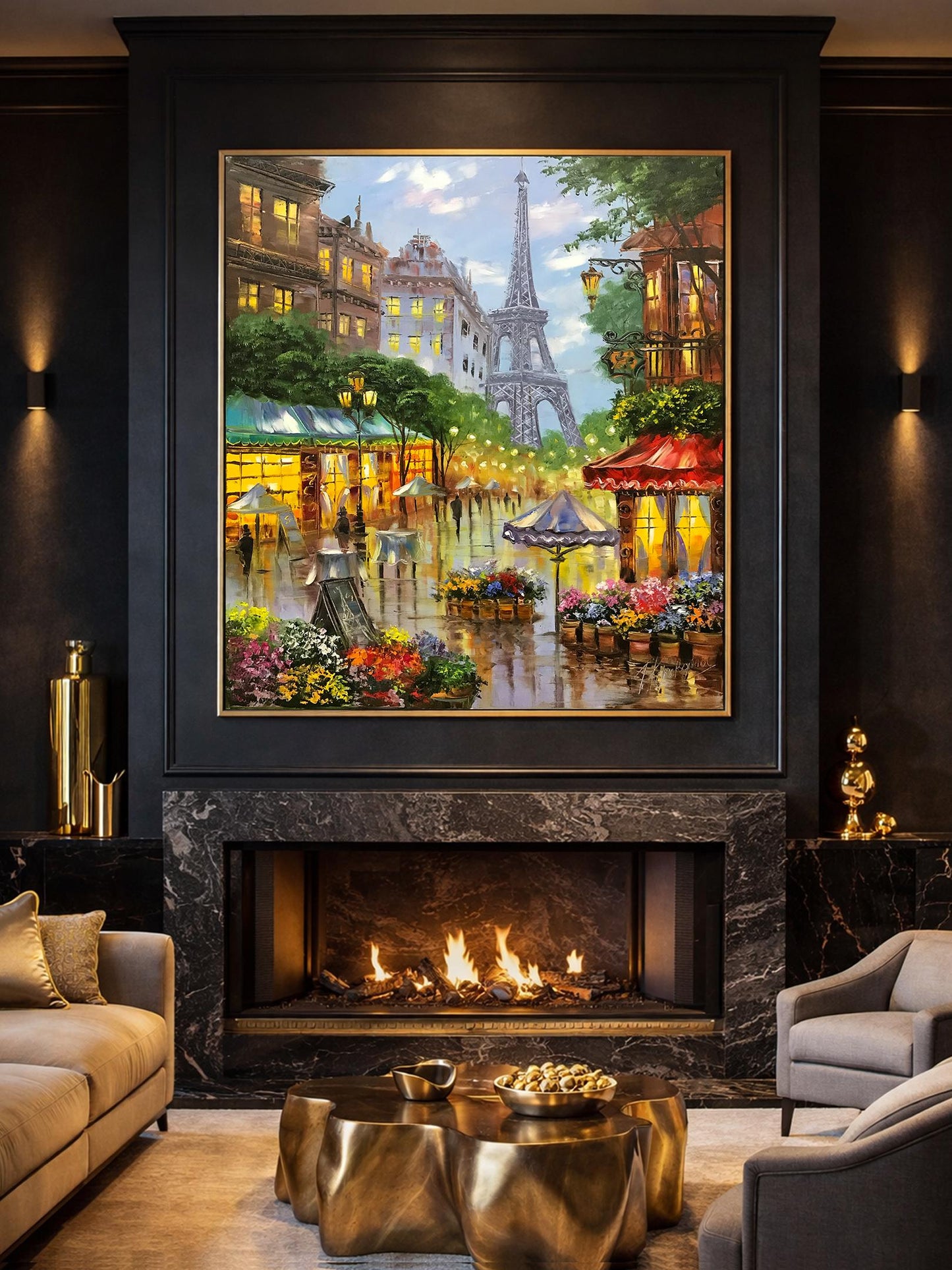 Romantic Paris Street Scene Oil Painting | Large Eiffel Tower Artwork, French Flower Market Painting on Canvas