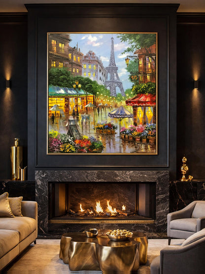 Romantic Paris Street Scene Oil Painting | Large Eiffel Tower Artwork, French Flower Market Painting on Canvas