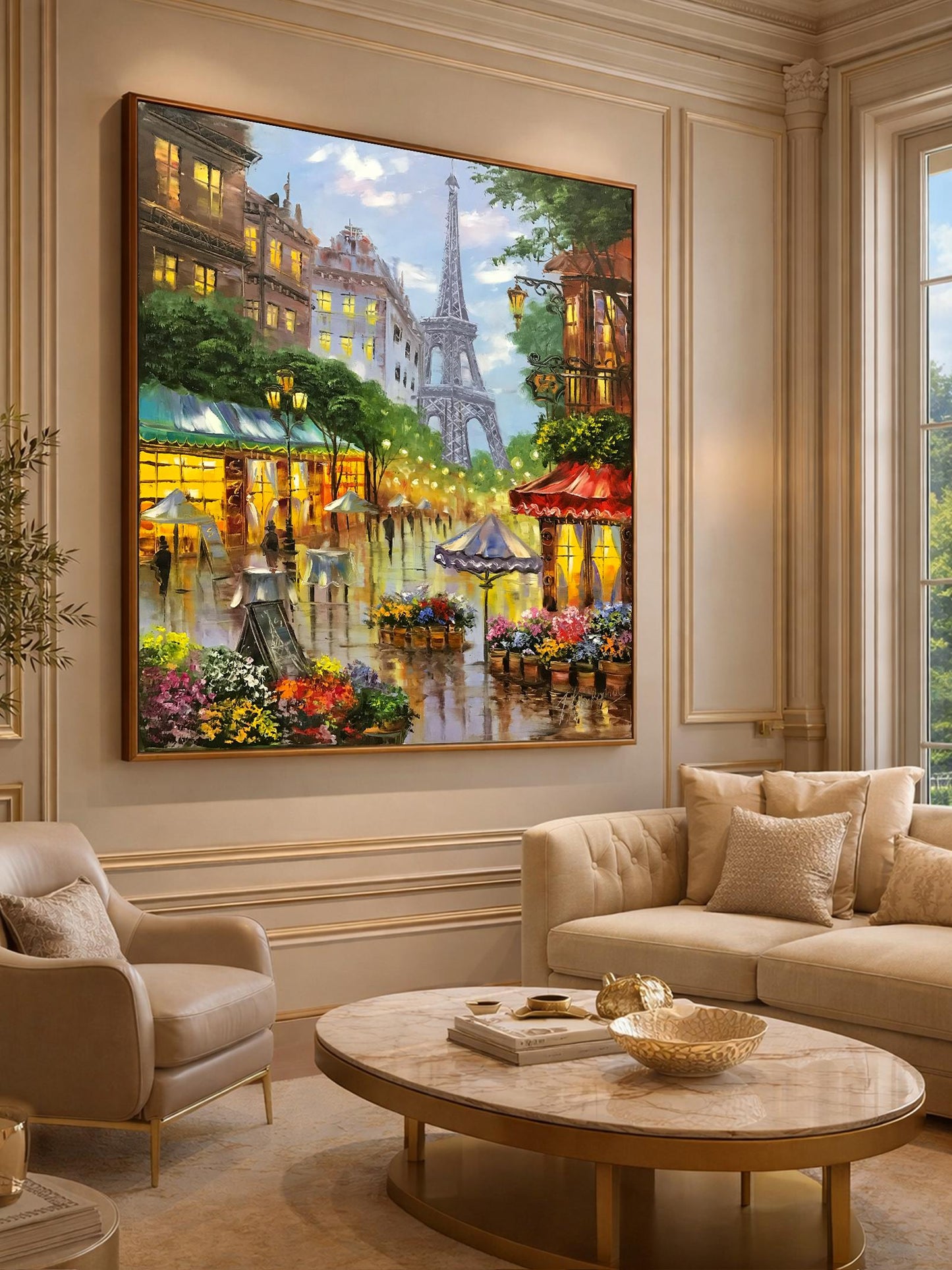 Romantic Paris Street Scene Oil Painting | Large Eiffel Tower Artwork, French Flower Market Painting on Canvas