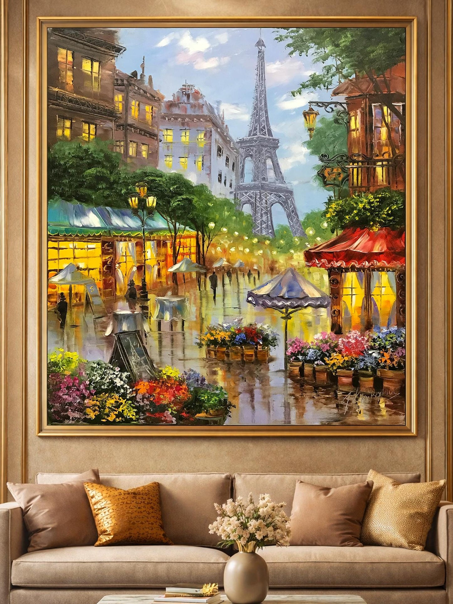 Romantic Paris Street Scene Oil Painting | Large Eiffel Tower Artwork, French Flower Market Painting on Canvas