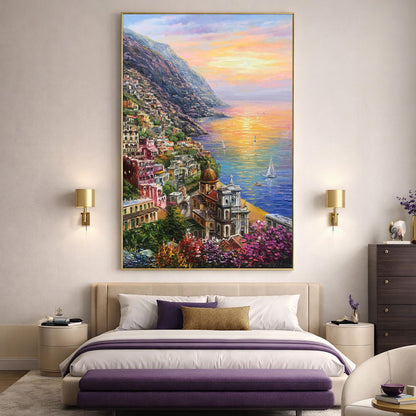 Positano Amalfi Coast Oil Painting Original, Famous Painting Italy Wall Art, Most Beautiful Coastal Italian Towns Painting