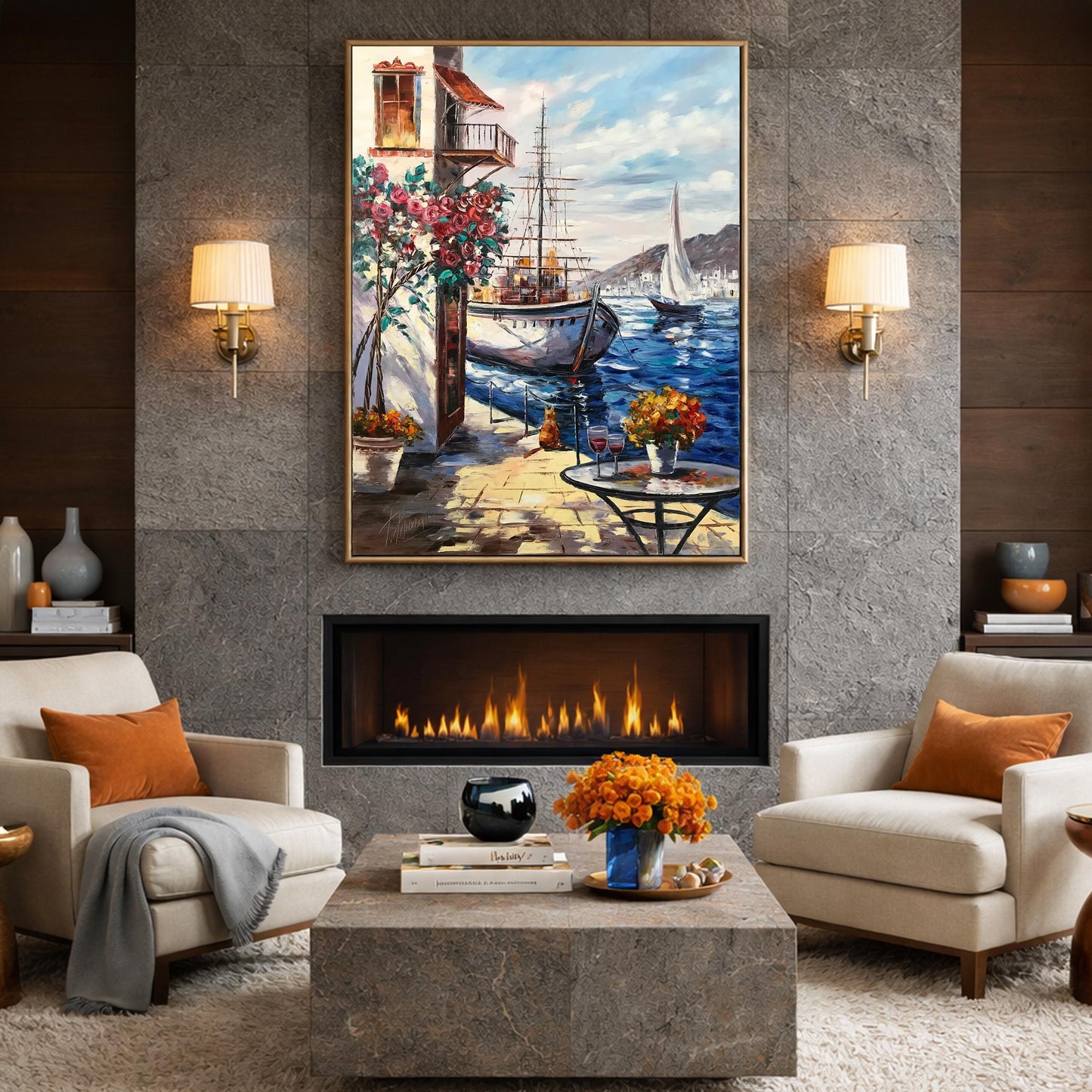 Mediterranean Cafe Oil Painting on Canvas, Extra Large Seascape Canvas Wall Art, Greece artwork