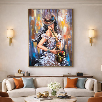 Woman Playing Saxophone Painting | Female Musician Jazz Wall Art | Original Abstract Saxophonist Oil Painting Decor