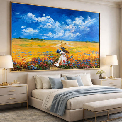Ukrainian Woman in Flower Field Oil Painting on Canvas | Ukraine Blue & Yellow Wall Art | Ukrainian Folk Art Countryside Landscape Artwork