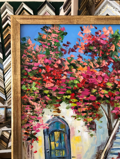 Santorini Blue Door Oil Painting | Famous Greek House Wall Art | Window with Bougainvillea Painting | Original Greece Artwork